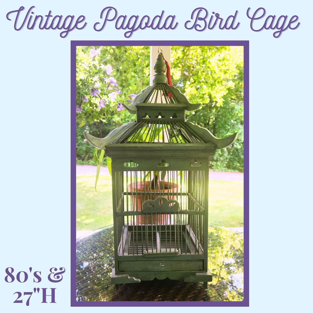 Vintage Green Pagoda Bird Cage, 27" Wooden Birdcage, Decorative Asian Bird Cage